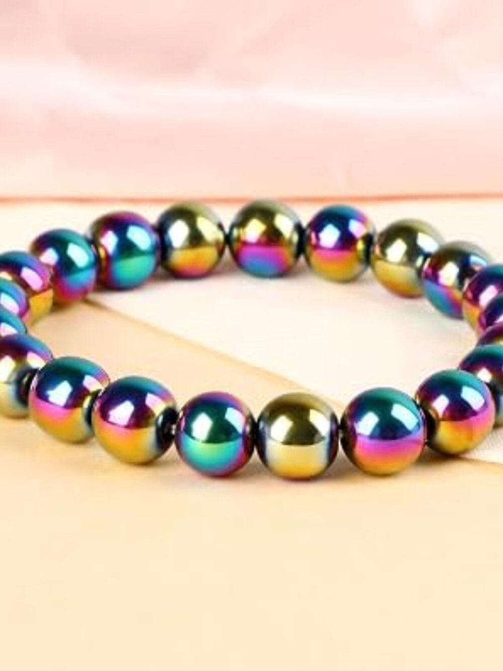 Rainbow Hematite Beaded Bracelet 10mm Crystal Stone Stretch 7.5 Inch Jewelry